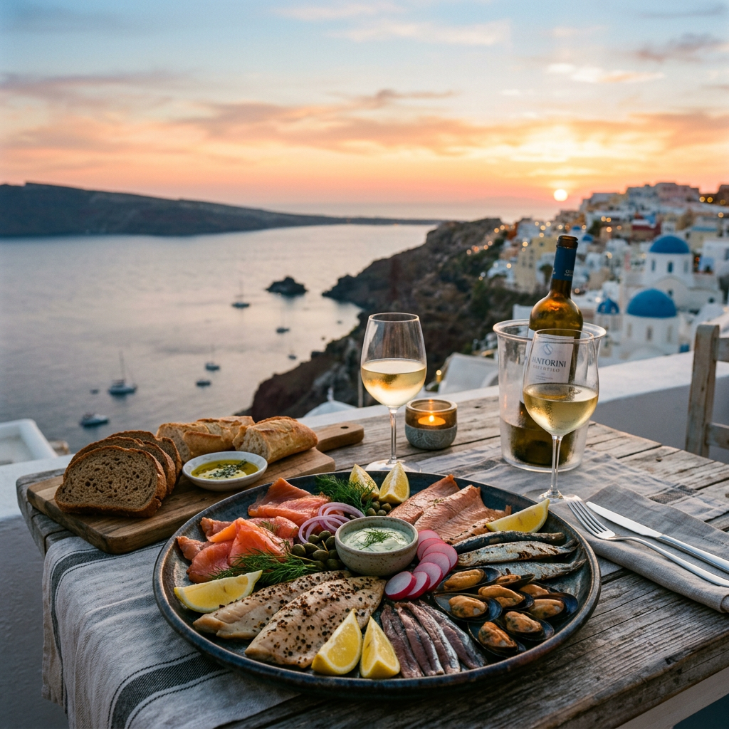 Seafood platter with fish, mussels, lemon wedges, bread, two glasses of white wine, and a sunset view over a coastal village with white buildings and blue domes